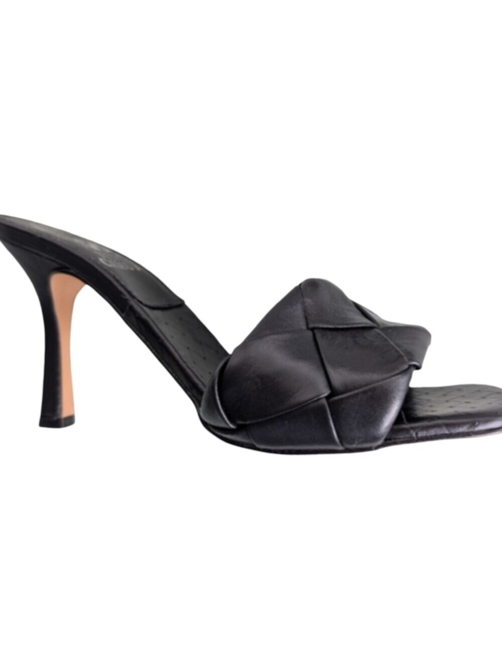 Vince Camuto Brelaine Black Leather Woven Slide Sandals Heels Size 6.5 Excellent